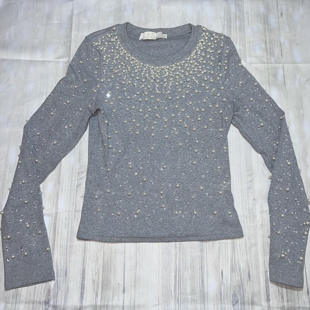 LC Lizette Collection Sweater Top Womens L Gray Pearl Embellished Ribbed Knit